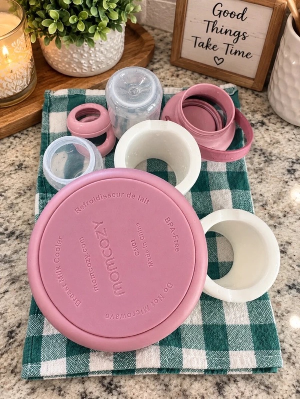 Momcozy Pink Breast Milk Cooler and Accessories